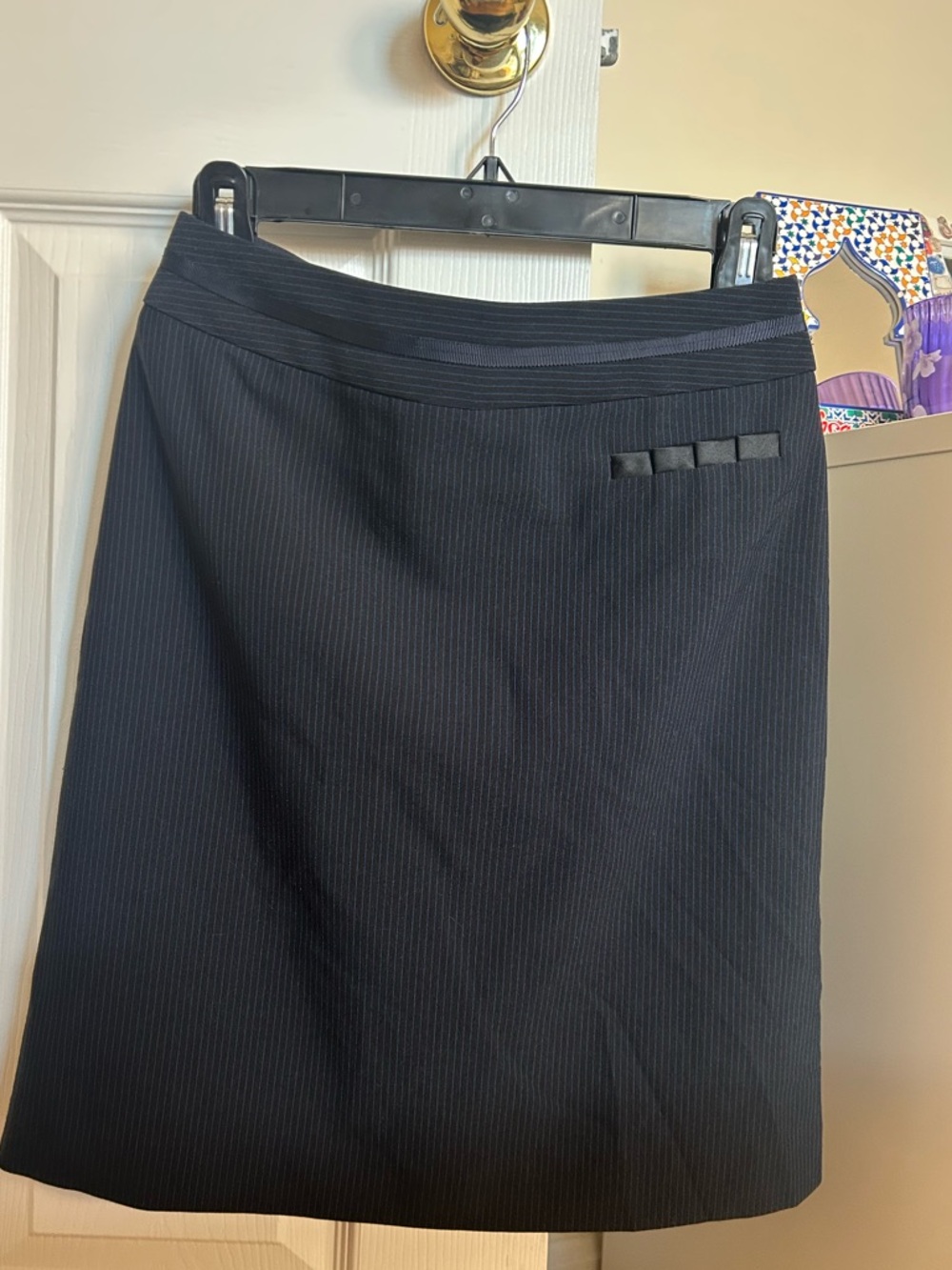 Black Pinstripe Pencil Skirt with Waist Bow Detail